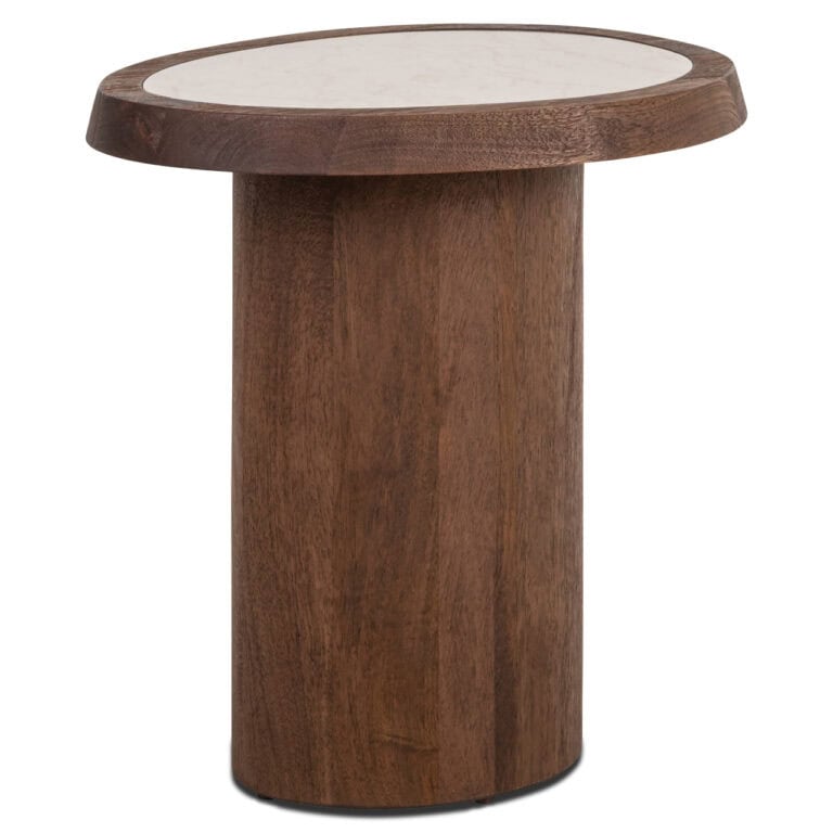 Wooden side table with a marble top, a modern interior accessory.