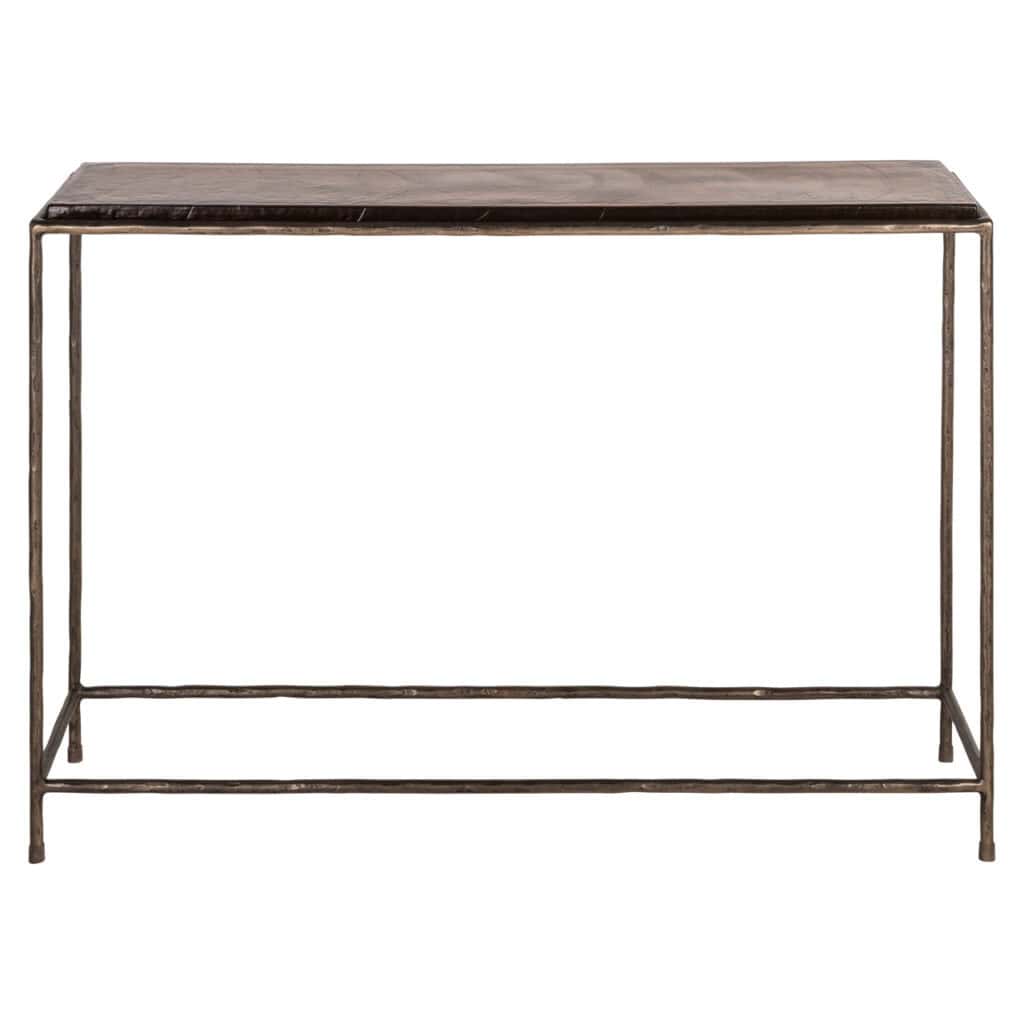 Industriële metalen console tafel met marmeren blad, modern interieuraccessoire.