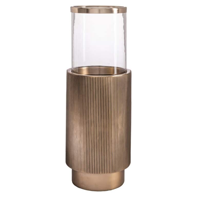 Moderne decoratieve vaas met glazen en houten voet, elegant design.