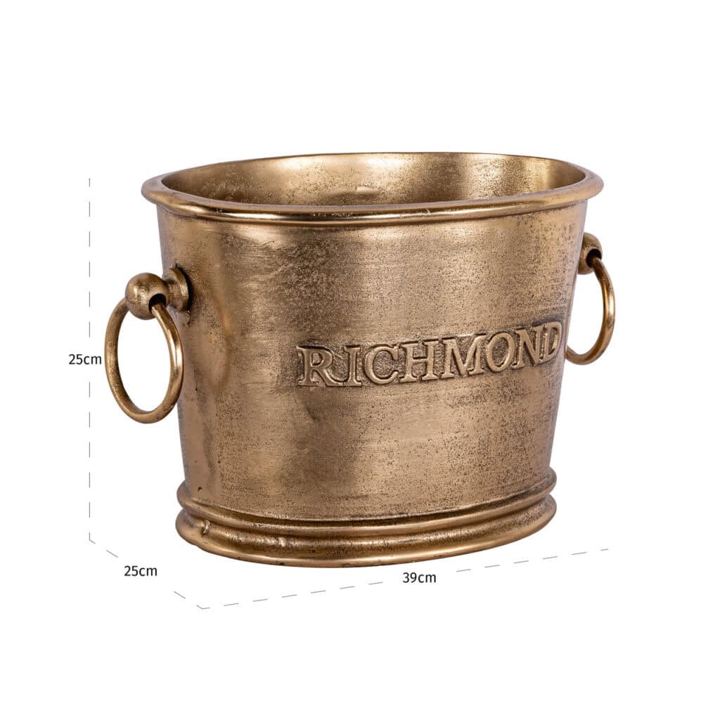 Gouden plantenbak met Richmond-logo, decoratief en elegant voor interieur en tuin.