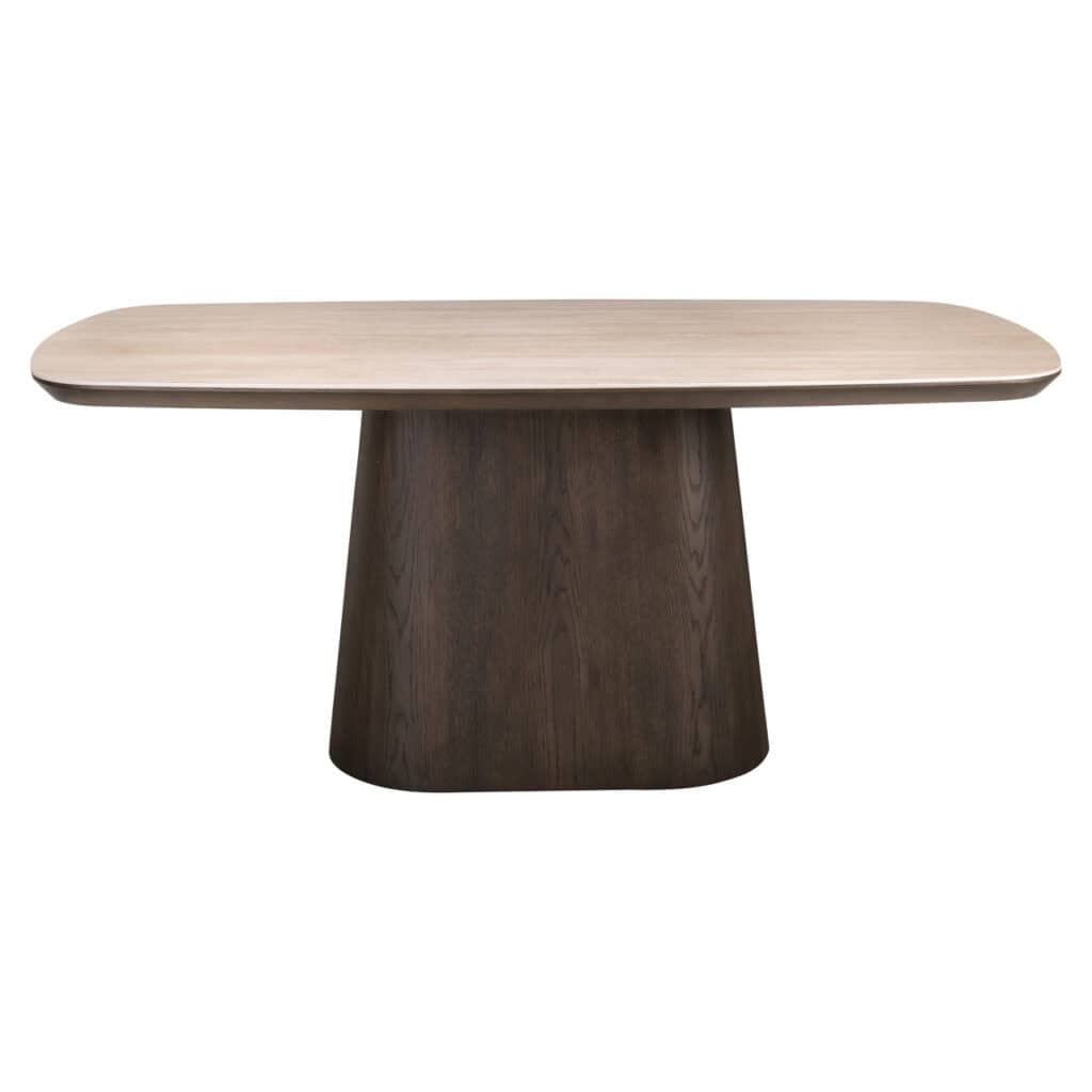Modern wooden dining table with a unique design and sturdy base.