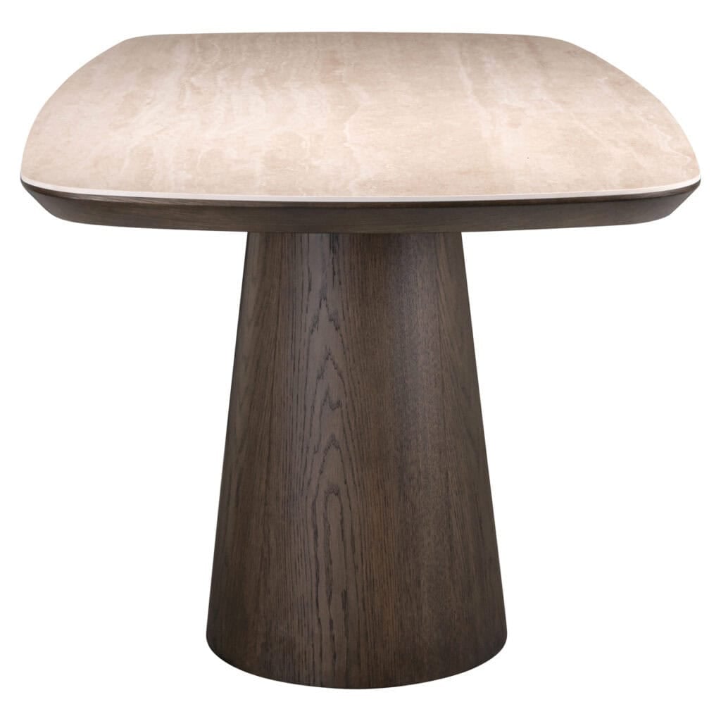 Moderne houten bijzettafel met beige stoffen top, perfect voor interieurdecoratie.