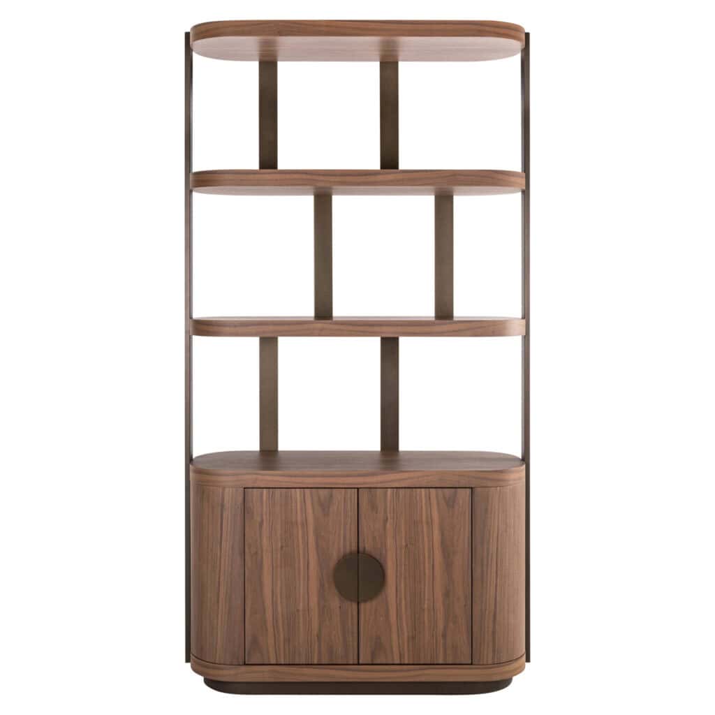 Modern wooden bookcase with open shelves and closed storage, elegant design for the living room or bedroom.