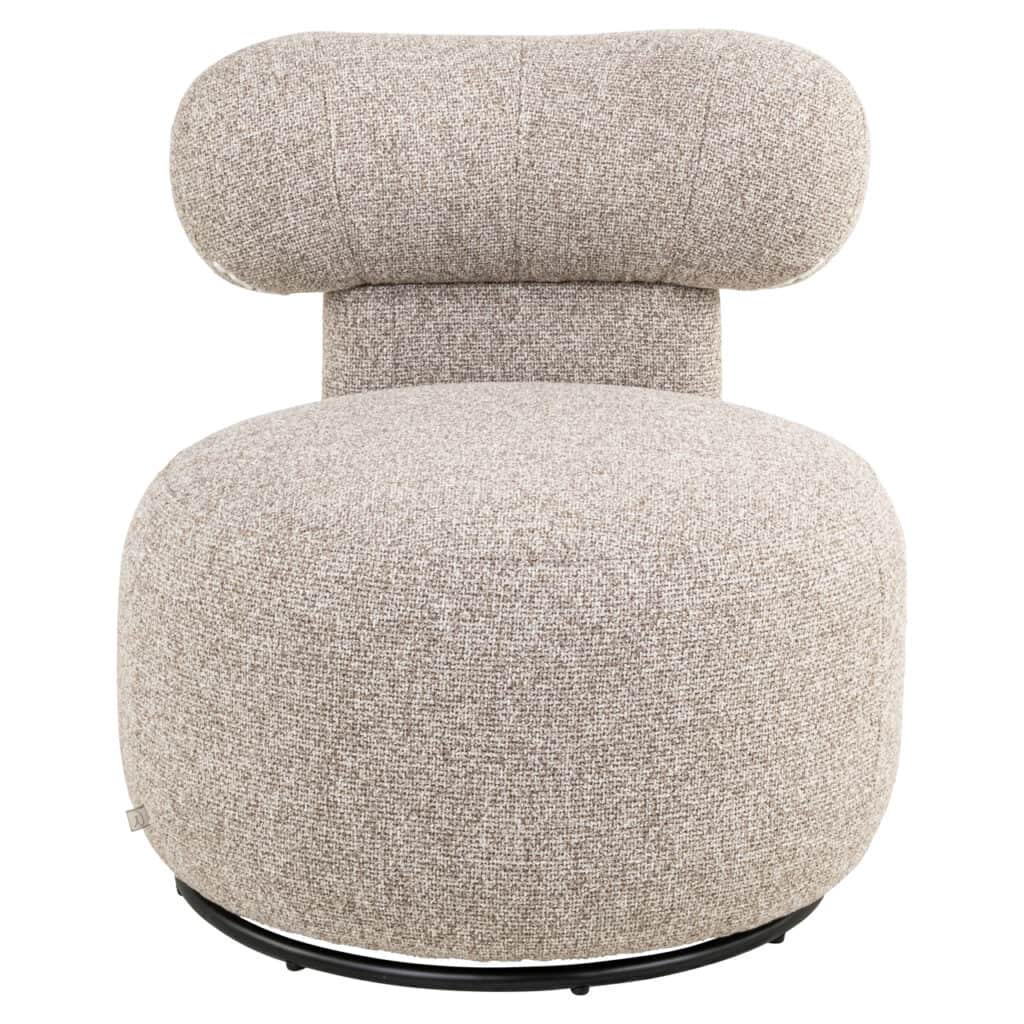 Luxe beige fauteuil met moderne ronde vorm, perfect voor stijlvolle interieurdecoratie.
