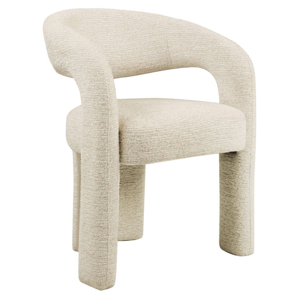 Moderne beige gestoffeerde armstoel, perfect voor eigentijdse interieurdecoratie.
