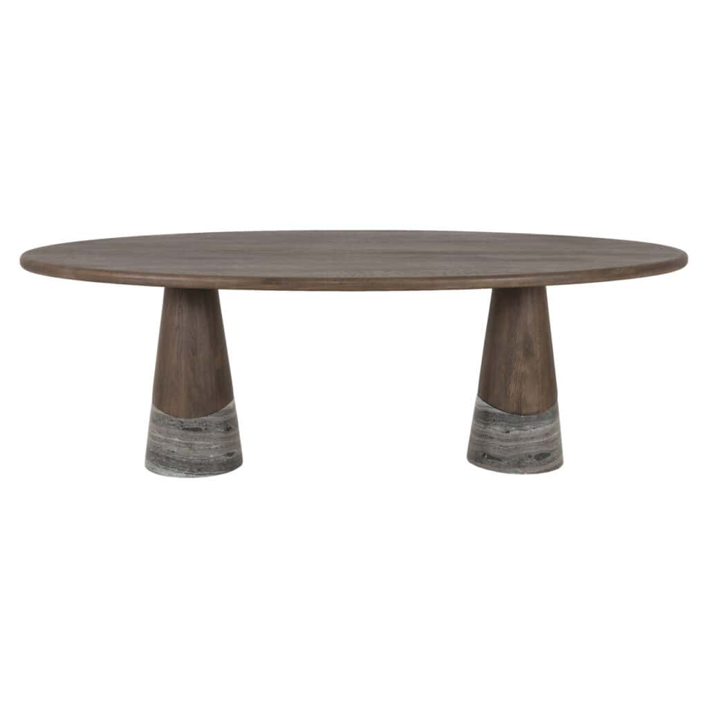 Moderne houten eettafel met unieke pootontwerp voor stijlvolle interieurs.