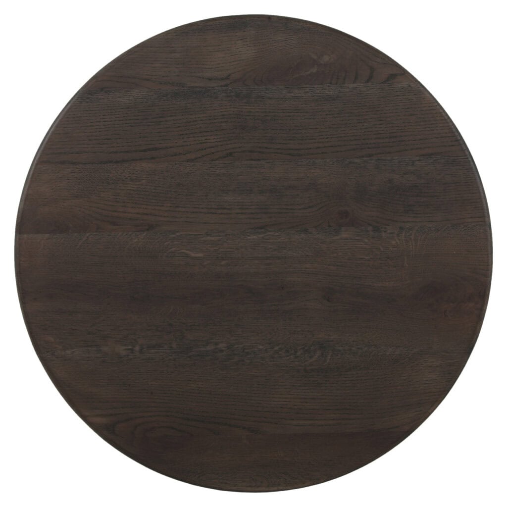 Donkere houten eettafel met ronde vorm, elegant en modern design.