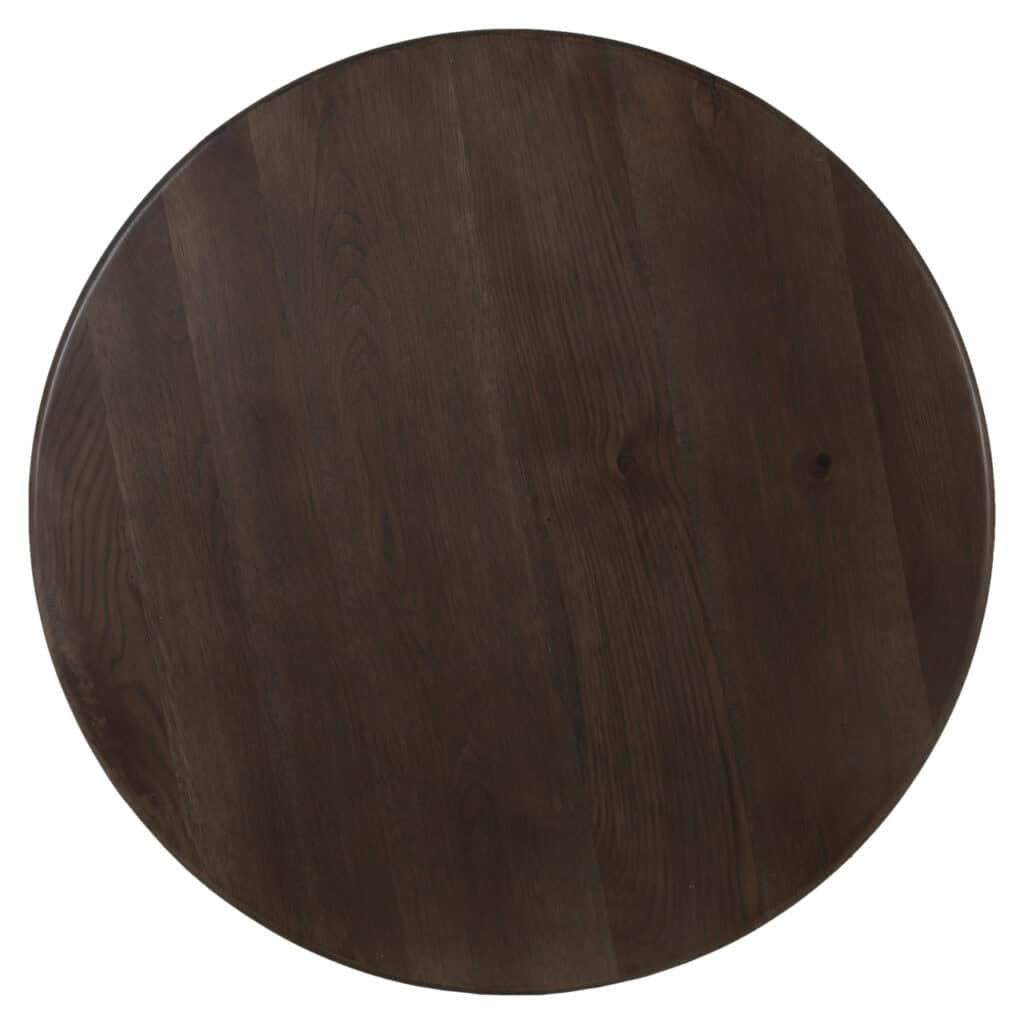 Houten ronde tafel met donkerbruine afwerking, perfect voor moderne interieurs en eetkamers.