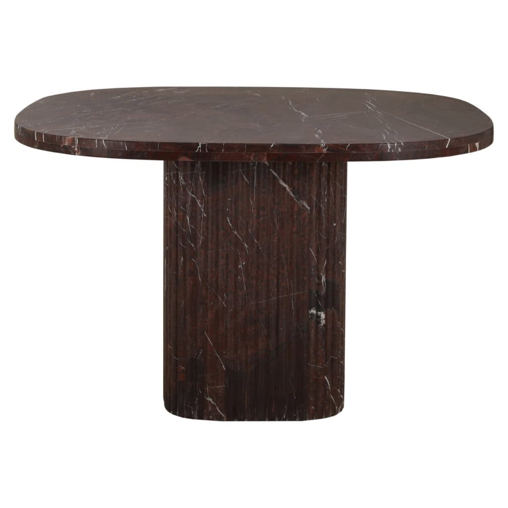 Luxury dark brown marble dining table with white veins, modern design.