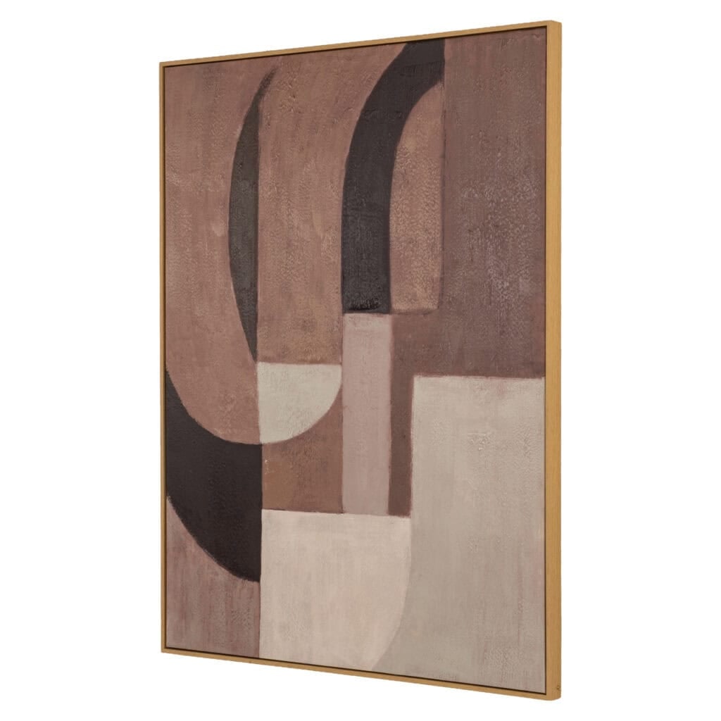 Abstract kunstwerk met geometrische vormen en aardetinten.