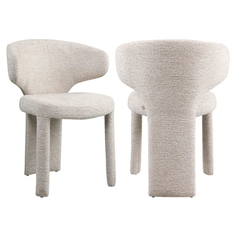 Moderne beige gestoffeerde eetkamerstoelen, comfortabel en stijlvol, perfect voor interieurdesign.