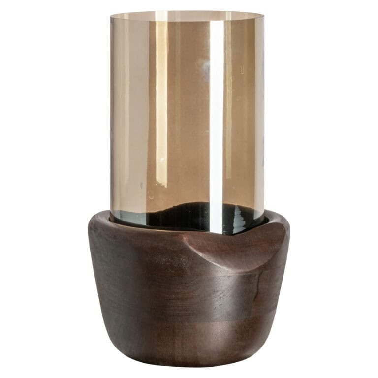 Luxe glazen en houten kaarsenhouder voor modern interieur.