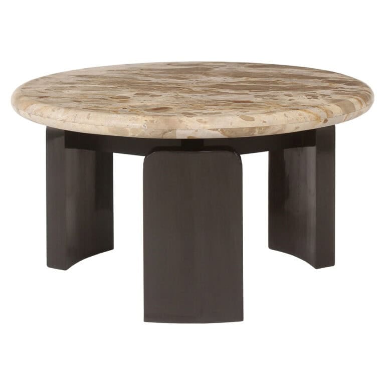 Ronde marmeren eettafel met zwarte onderstel, elegant en stijlvol design.