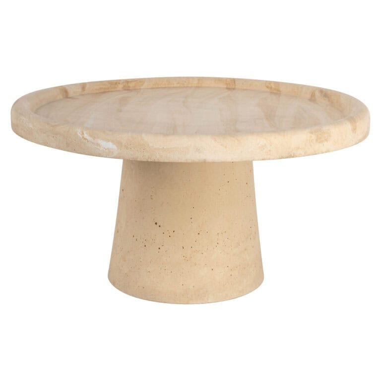 Modern marble coffee table with a round top and sturdy base, perfect for stylish living rooms.