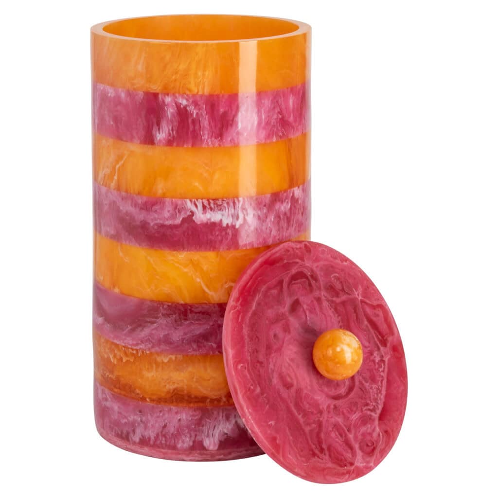 Decoratieve vaas en deksel in roze en oranje marmerstijl, handgemaakt, uniek design.