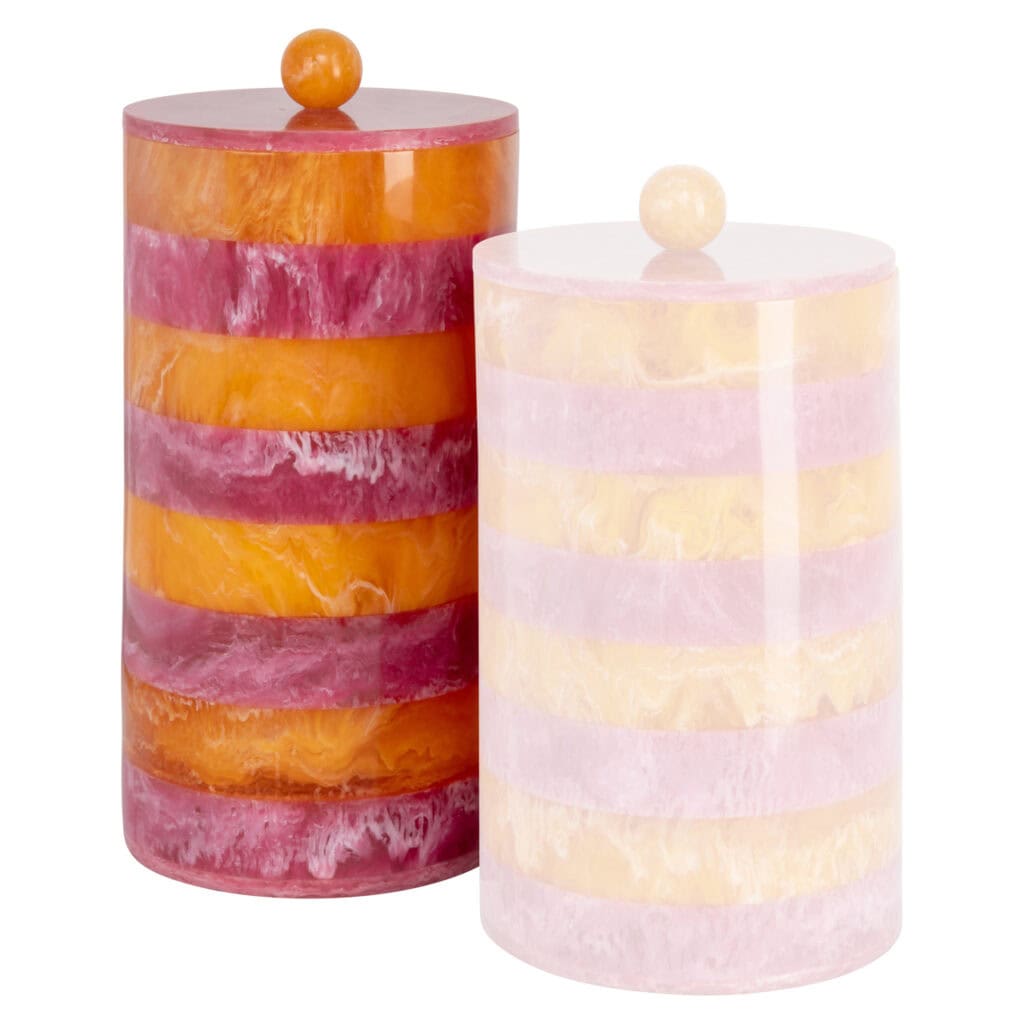 Marmeren kaarsenhouder set met kleurrijke, gestreepte patronen voor elegant interieur.