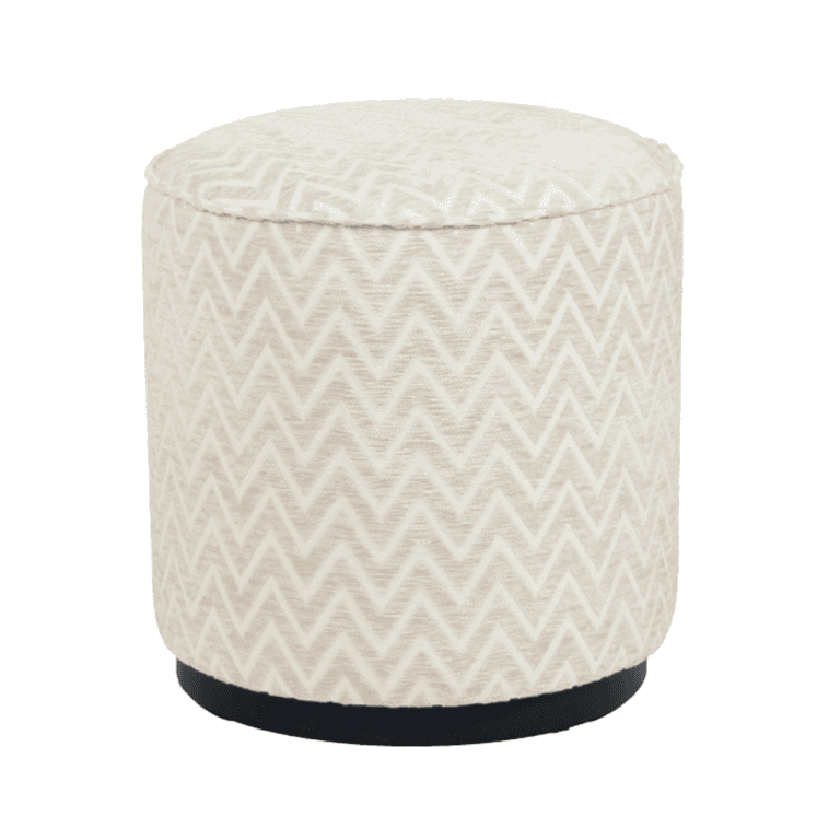 Ronde poef met geometrisch patroon in neutrale kleuren, perfect voor modern interieur.