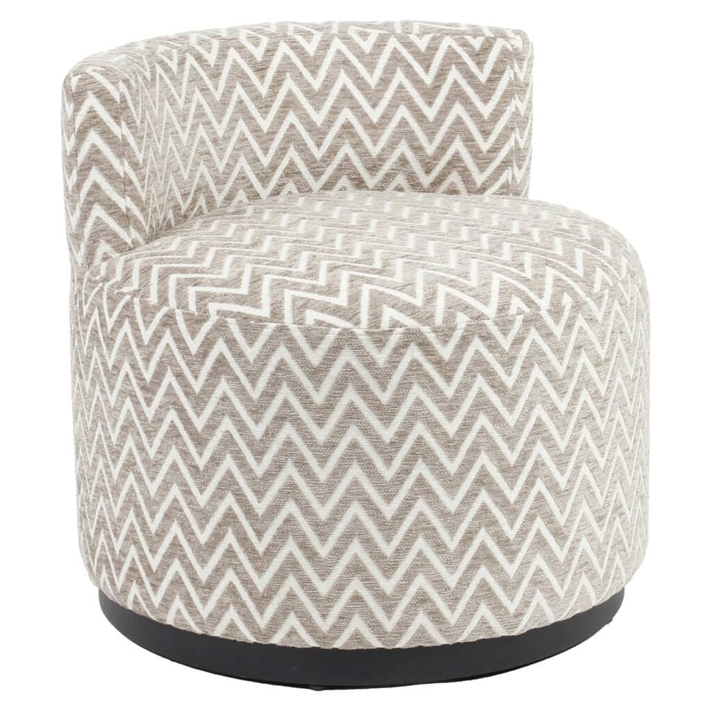 Moderne ronde stoel met beige en witte zigzag stof, comfortabele zit.