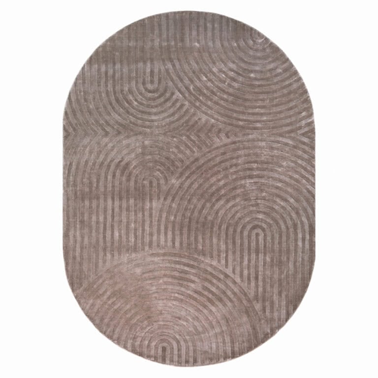 Modern houten vloerkleed met cirkelpatroon, beige en bruin, stijlvolle woonaccessoire.