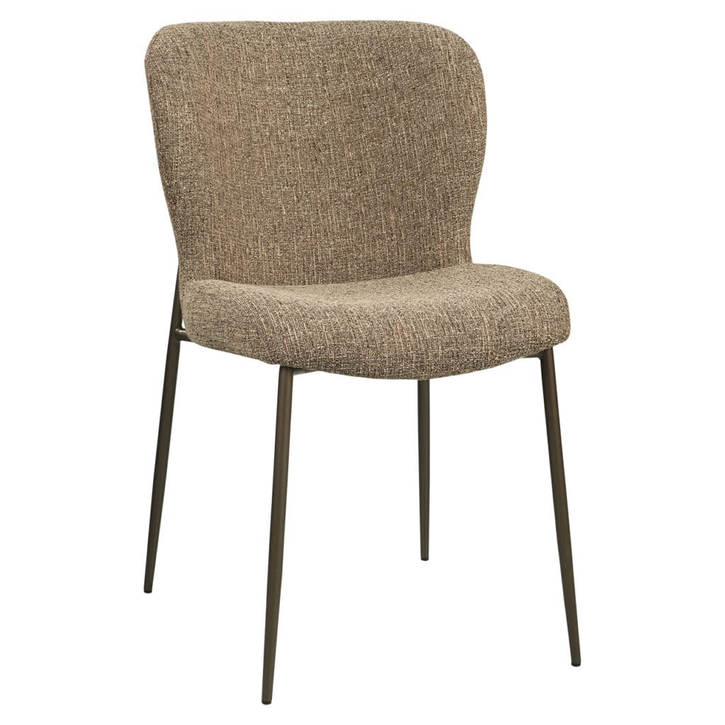 Moderne eetkamerstoel met stoffen bekleding en metalen poten, perfect voor een eigentijdse interieur.