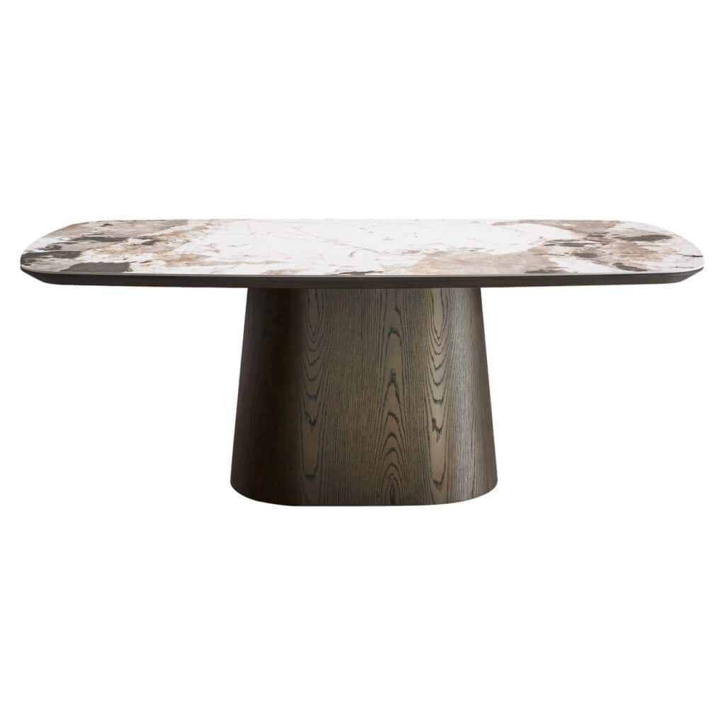 Luxe marmeren eettafel met houten onderstel, modern interieur design.