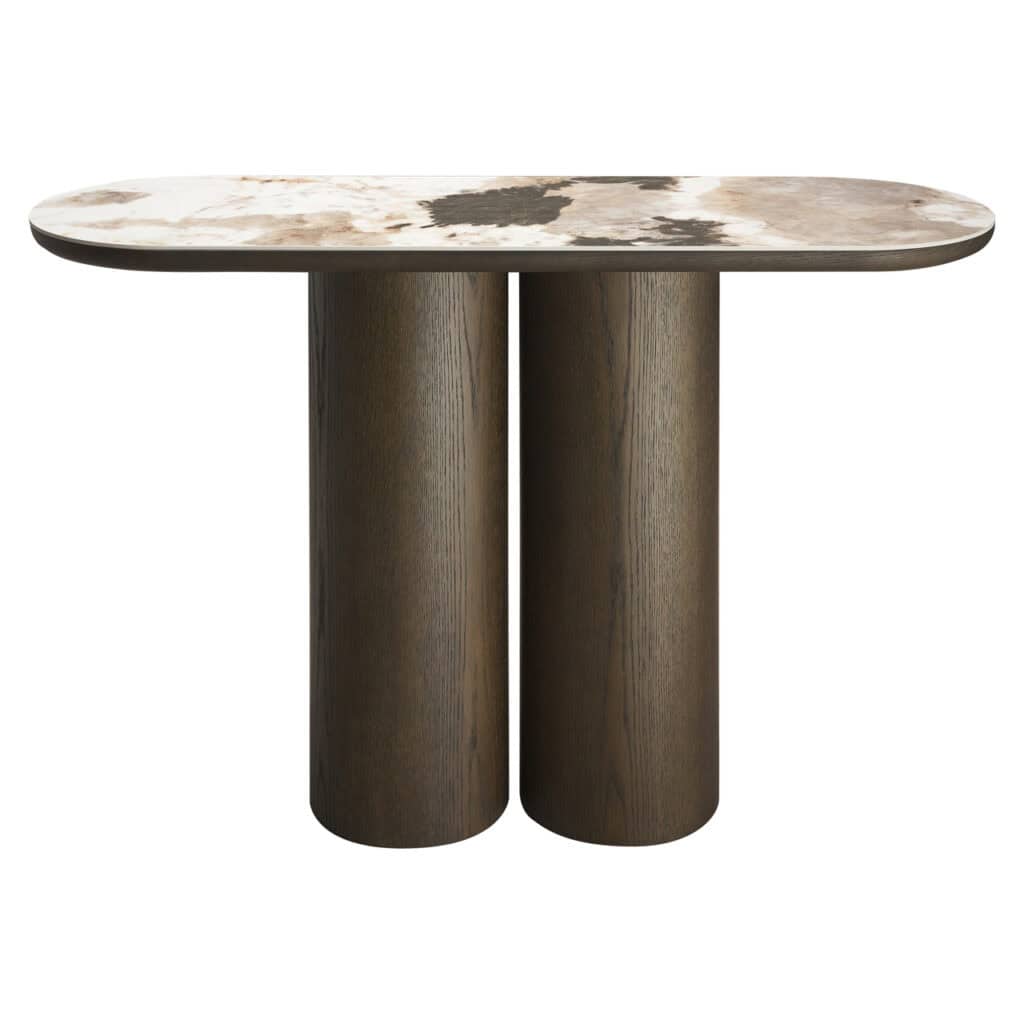Luxe marmeren eettafel met houten cilinderpoten, modern en stijlvol design.