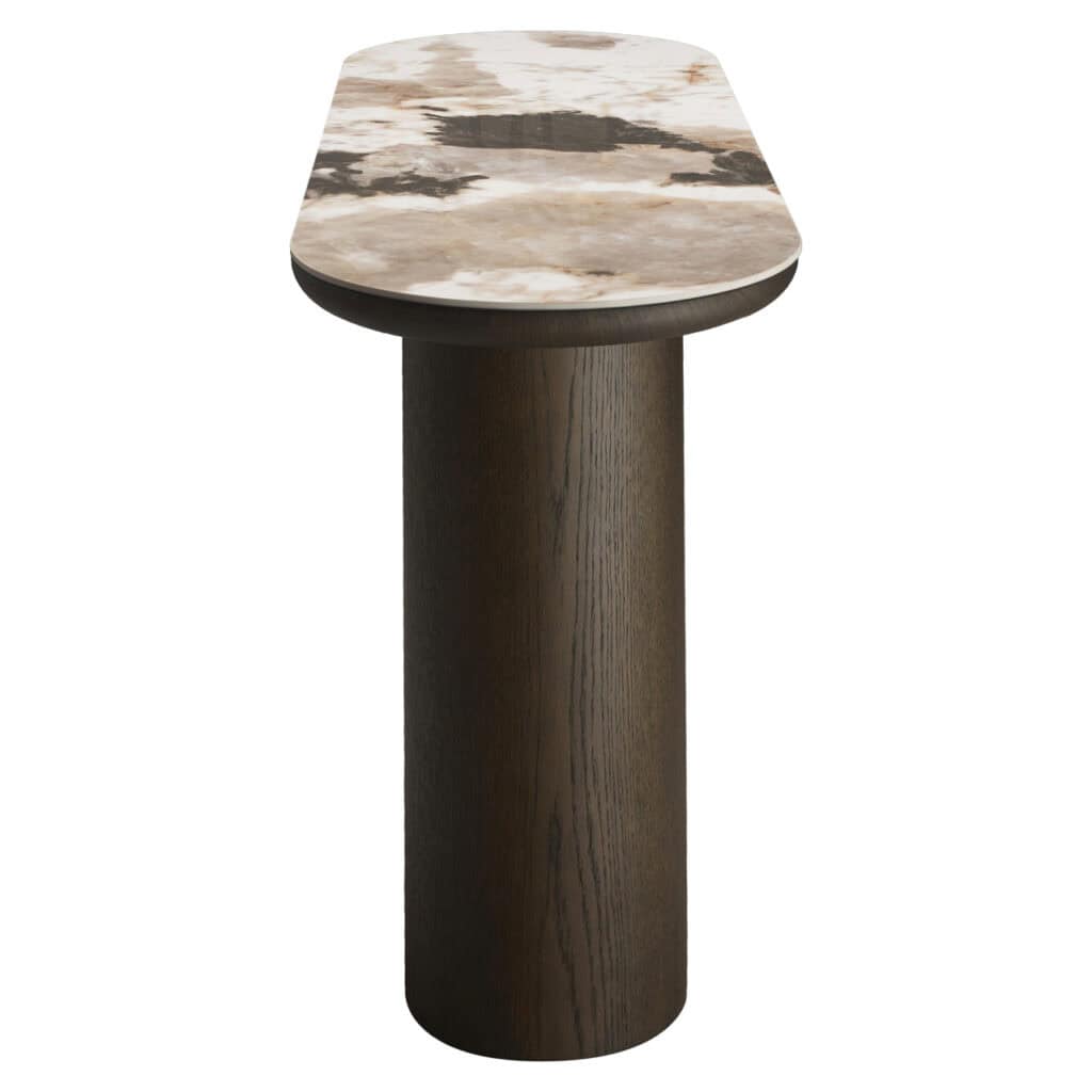 Moderne bijzettafel met marmeren blad en houten onderstel, stijlvol en functioneel.