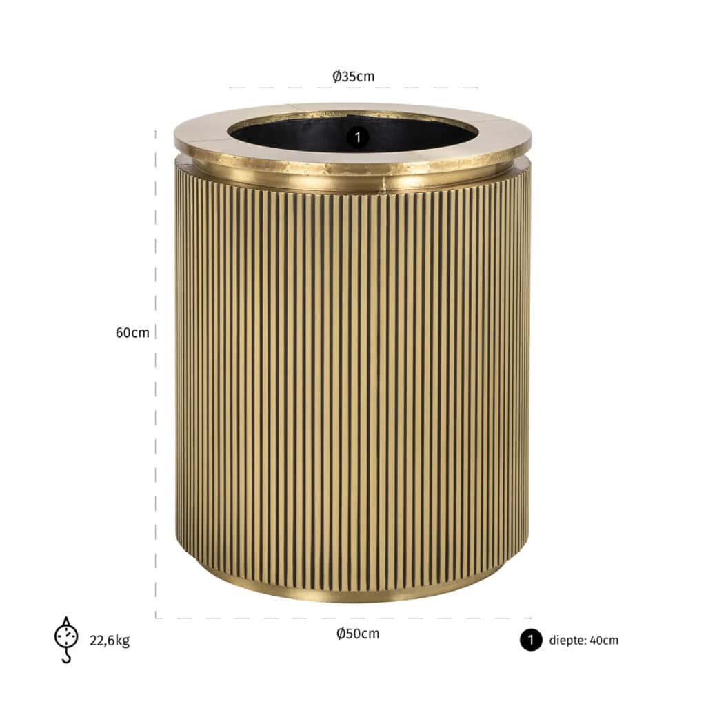 Afvalbak met goudkleurige afwerking en verticale ribbels, ideaal voor luxe interieurontwerp.