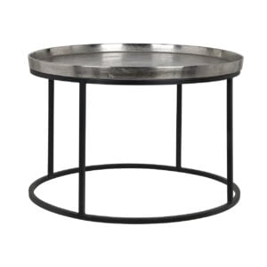 Industrial metal side table with a round metal top and black frame, a modern interior accessory.