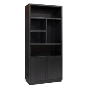 Zwart houten wandkast met open vakken en dubbele deuren.
