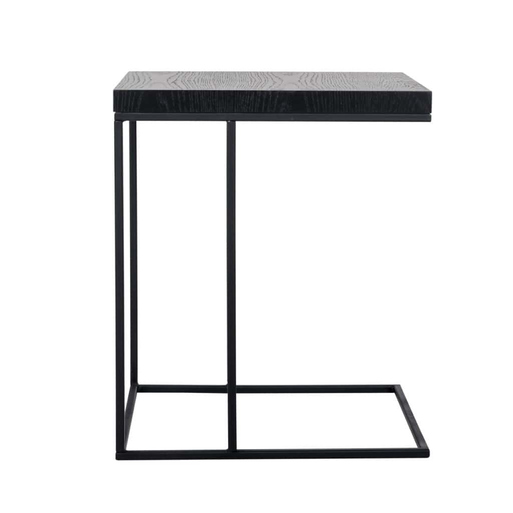 Modern black coffee table with a metal frame and a wooden top.
