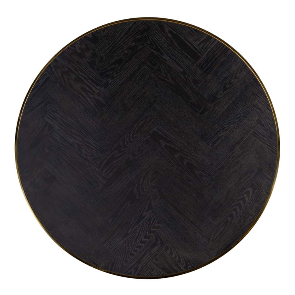 Round black coffee table with a gold-colored rim, modern design.