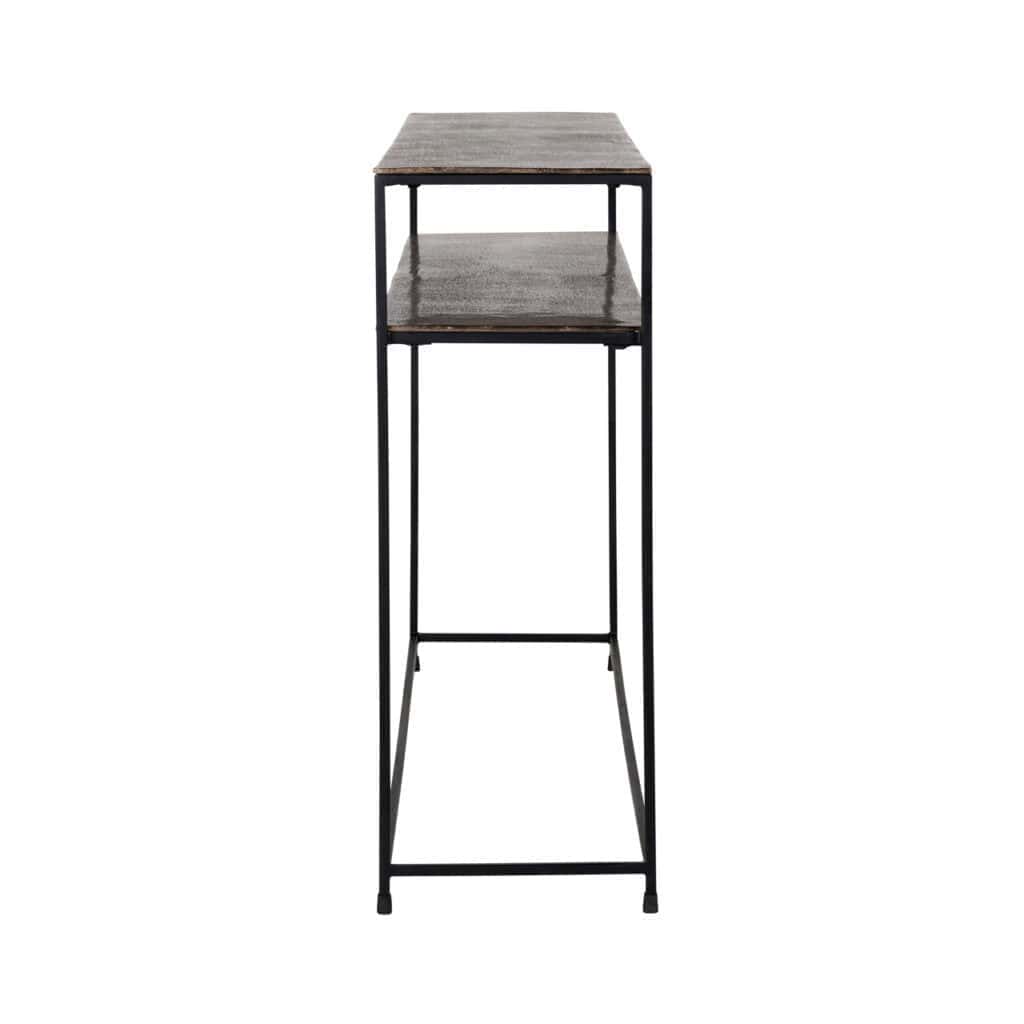 Table de salon haute et épurée, Table de salon une structure en métal et un plateau en bois.