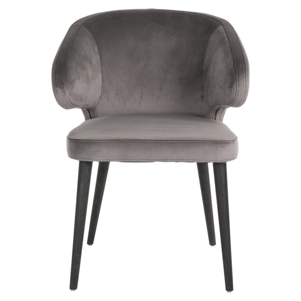 Modern dining chair with gray velvet upholstery and black legs.