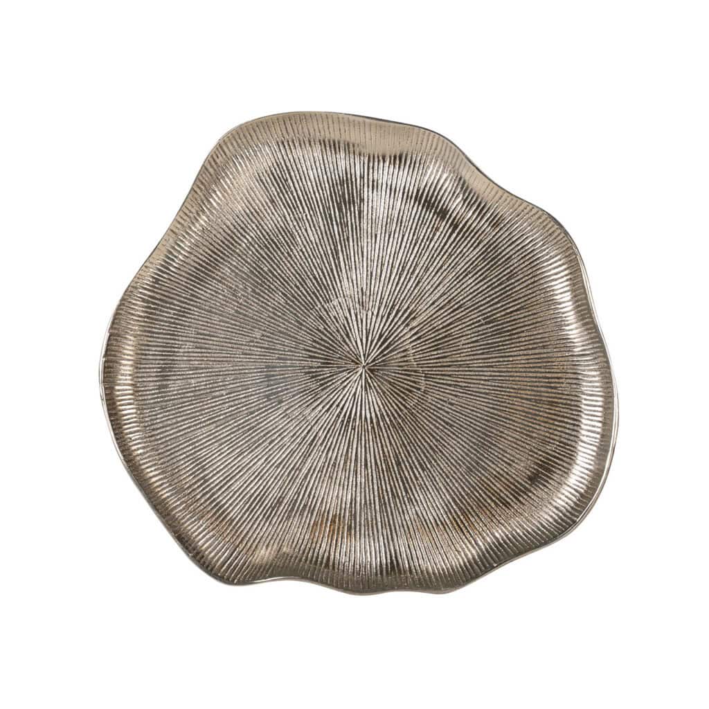 Decorative metal tray with a wavy design and a silver finish.