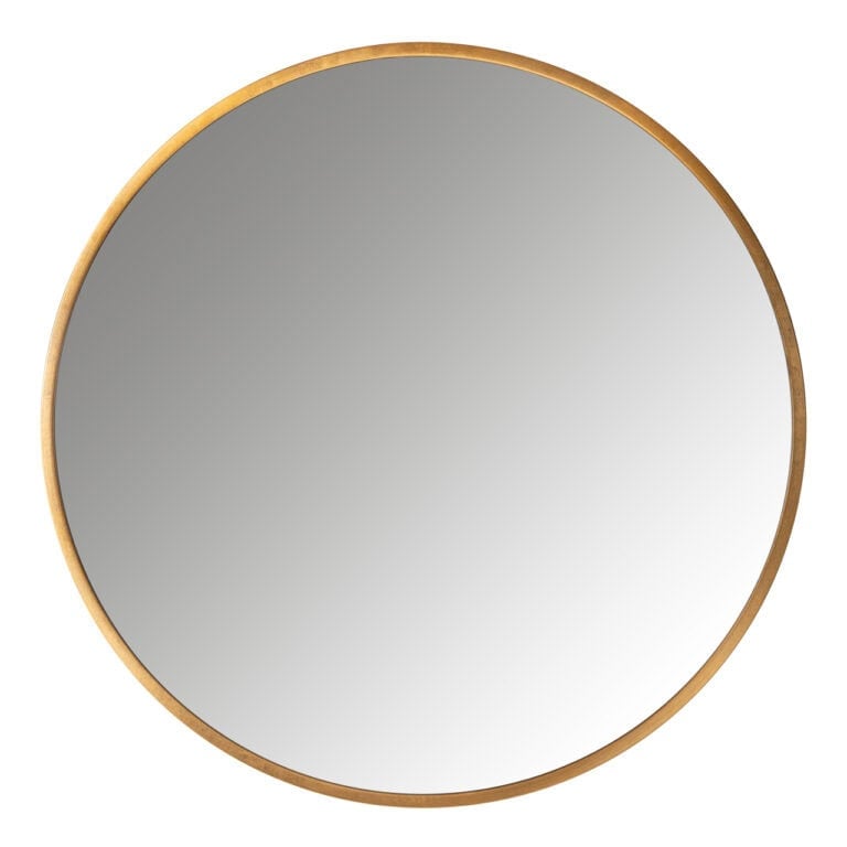 Rond gouden spiegel met houten rand voor modern interieur.