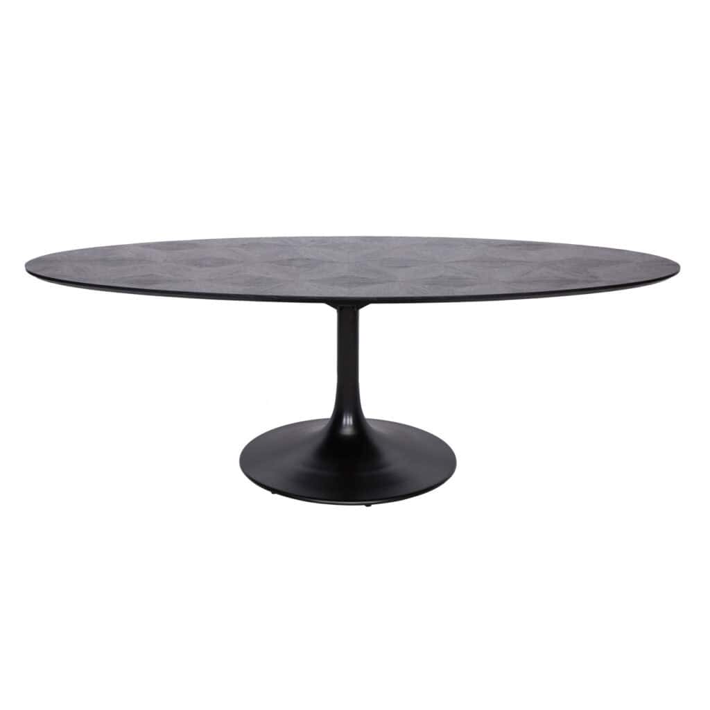 Zwarte ovalen eettafel met moderne uitstraling voor eetkamer.