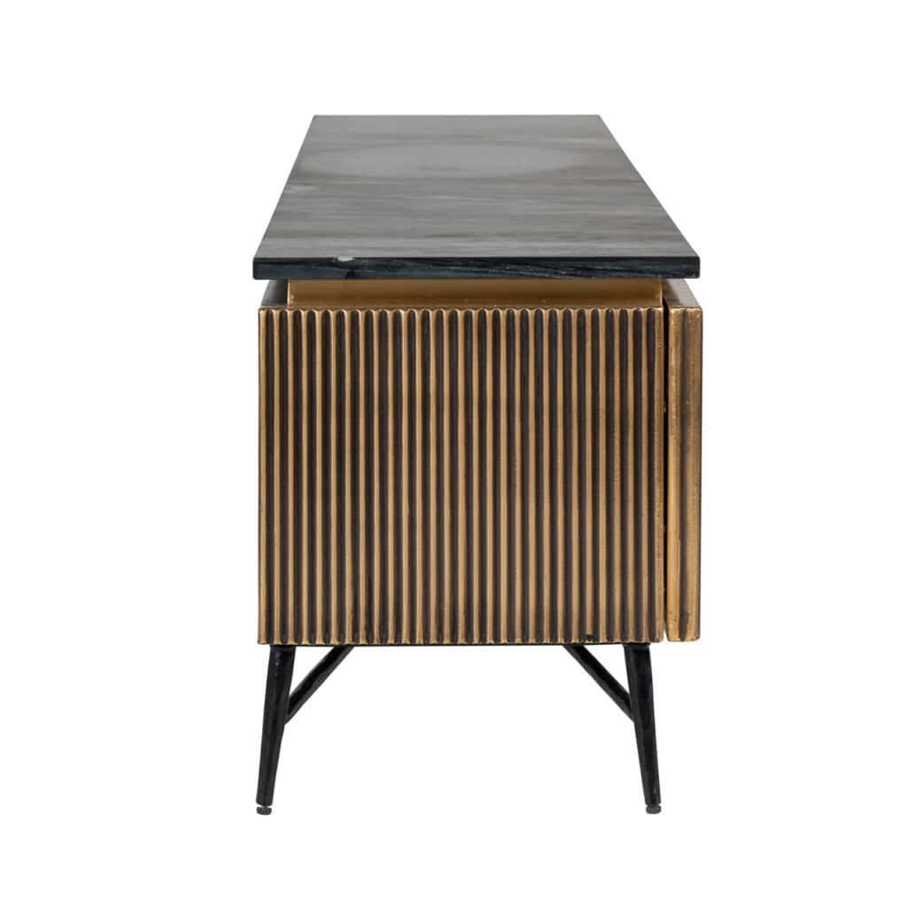 Modern gold-colored TV stand with vertical ridges and black legs.