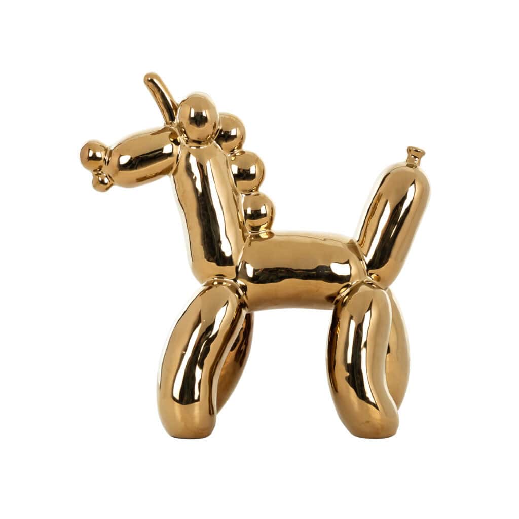 Gold balloon figure shaped like a unicorn.