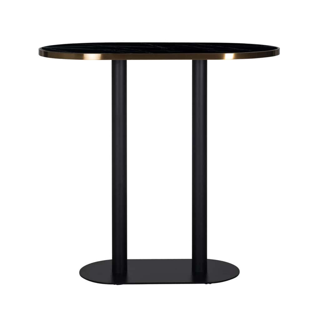 Table haute moderne noire avec plateau en marbre et pieds en métal, pour l'intérieur.