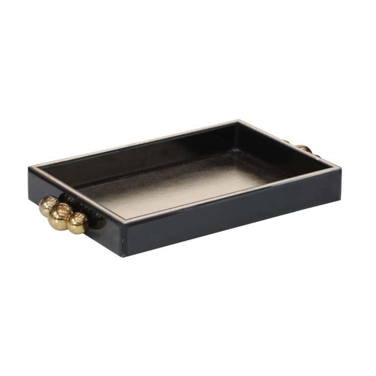 Zwart dienblad met gouden decoratieve knoppen, perfect voor interieurdecoratie.