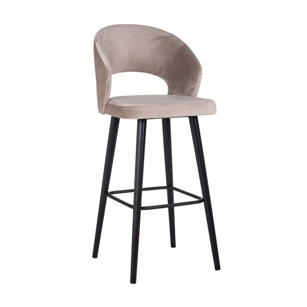Moderne barstoel met khaki velvet bekleding en zwarte poten.