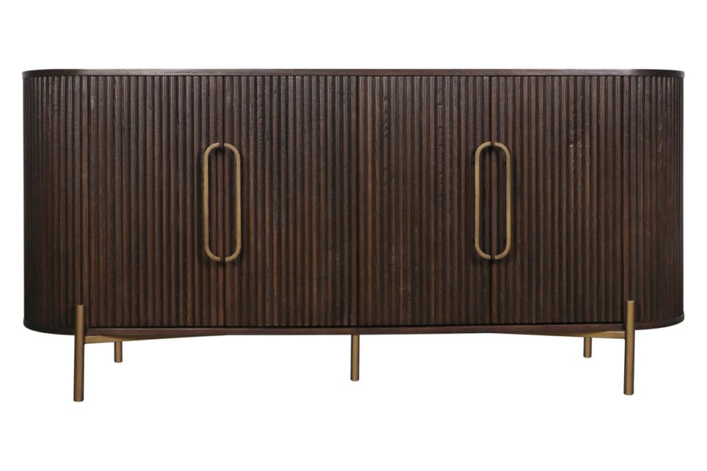 Luxor sideboard Luxor brown with vertical slats and gold-colored handles.