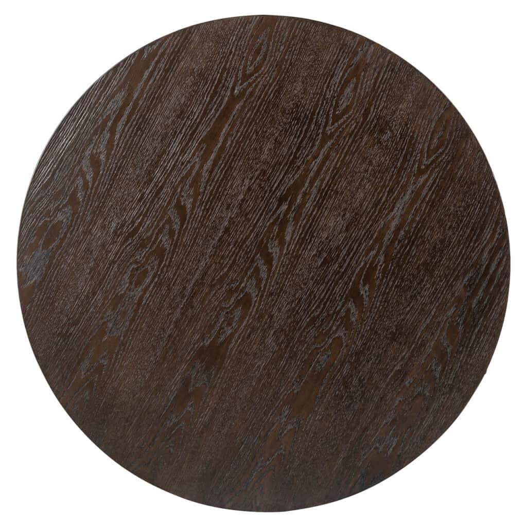 Donkere houten salontafel met ronde vorm en natuurlijke houtstructuur.