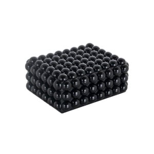 Small black storage box with a rounded texture for organization.