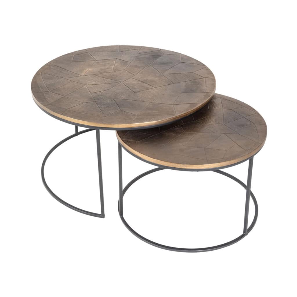 Set of two coffee tables with a brushed finish and a black metal frame.