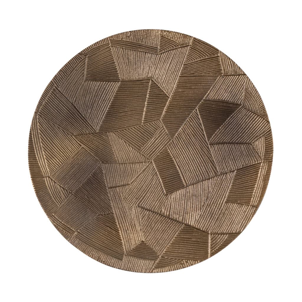 Tulum round side table Tulum  brushed gold a geometric pattern.