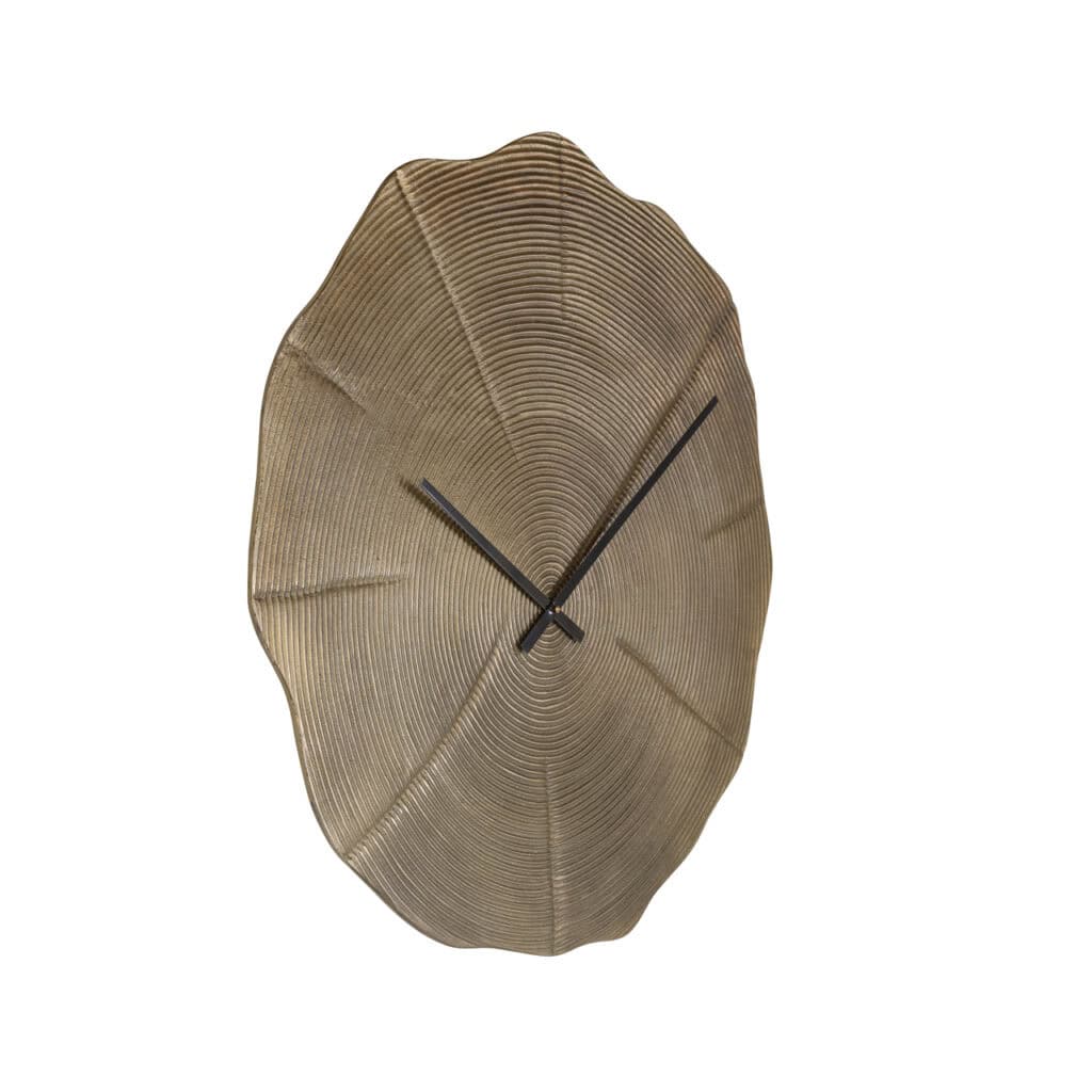 Gold wall clock with a unique leaf design for modern interiors.