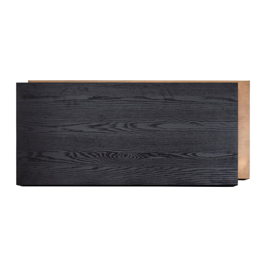 Moderne zwarte salontafel met houtnerf afwerking voor woonkamer.