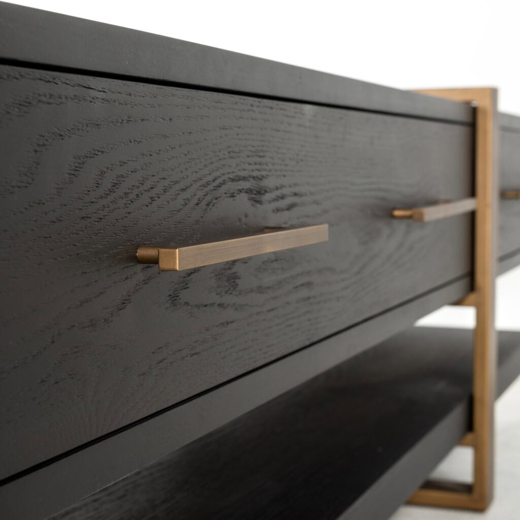 Modern black Cambon TV stand Cambon gold-colored handles.